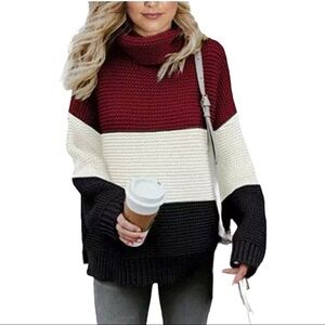 Asvivid Womens Turtleneck Long Sleeve Chunky Knit Block Color Pullover
